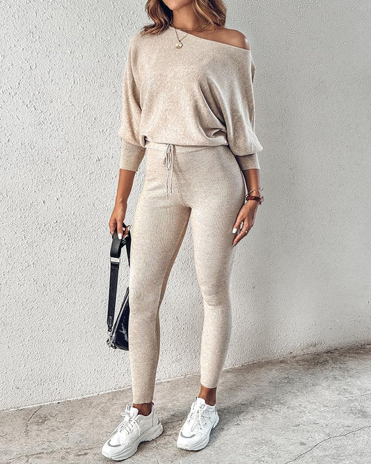 2 Piece Long Sleeve Knit Pullover Lounge Sweatsuit