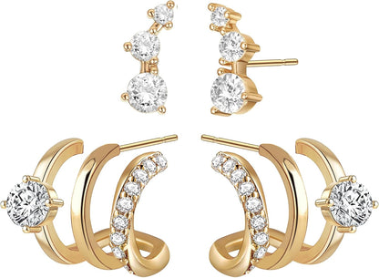 14K Gold Plated Triple Huggie Hoop Earrings for Women – Double Hoop Illusion Stud & Claw Ear Cuff