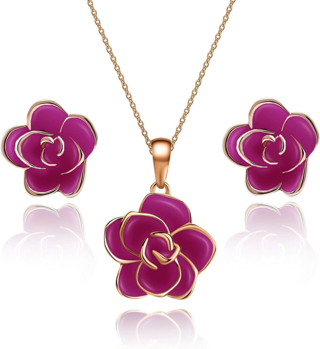 18K Gold Plated Hypoallergenic Rose Flower Necklace Earrings Set 