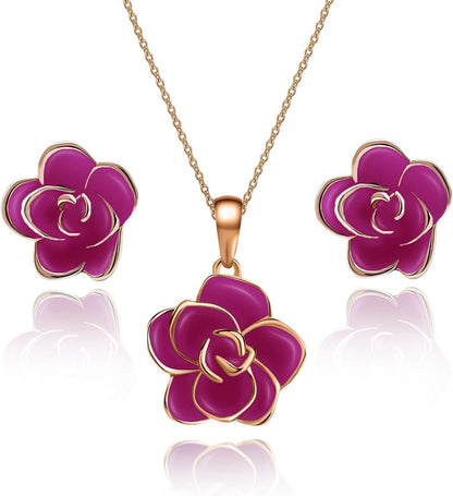 18K Gold Plated Hypoallergenic Rose Flower Necklace Earrings Set 