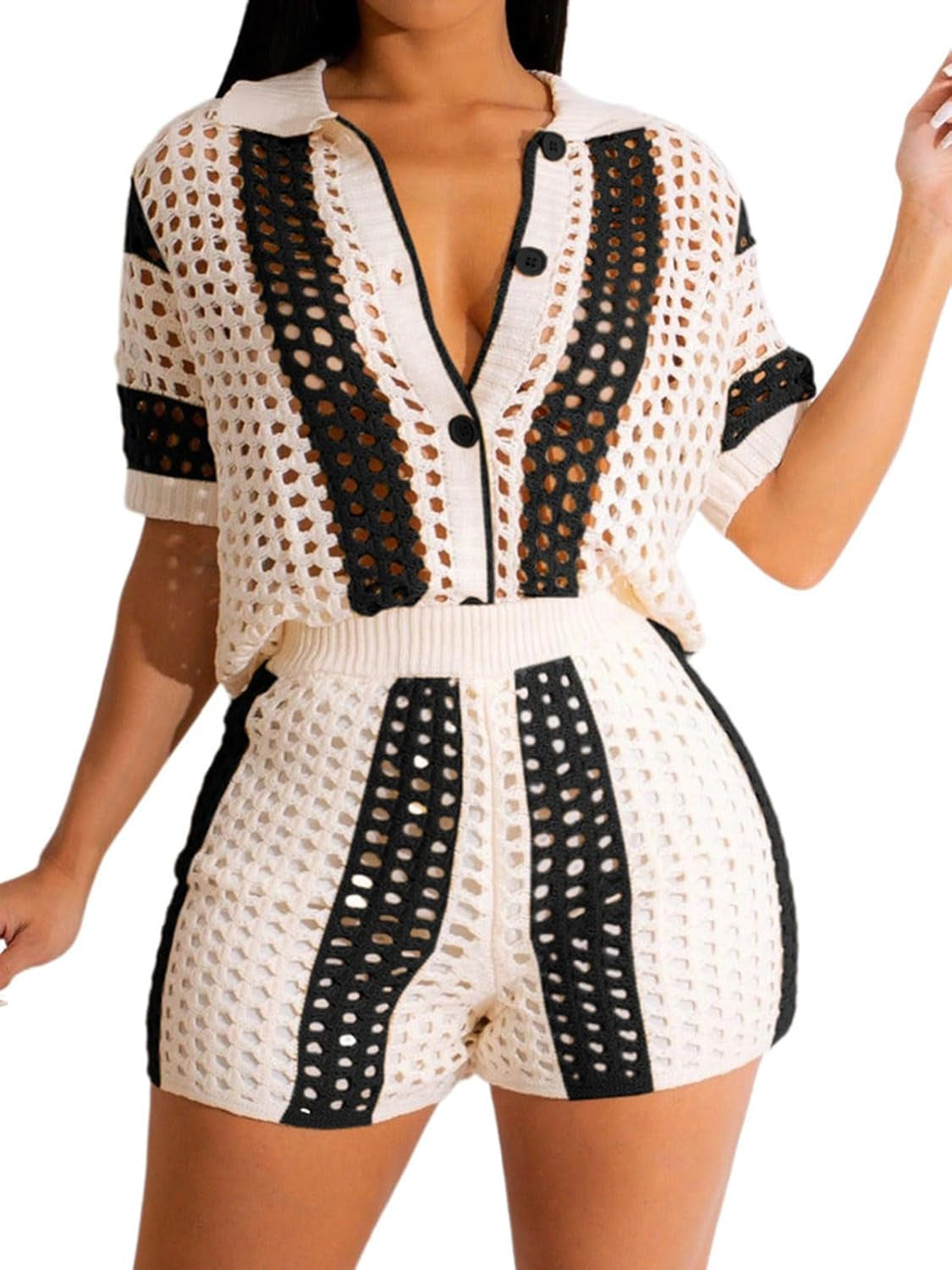 Women’s 2 Piece Knit Short Set – Color Block Button Down Shirt & Shorts Outfit
