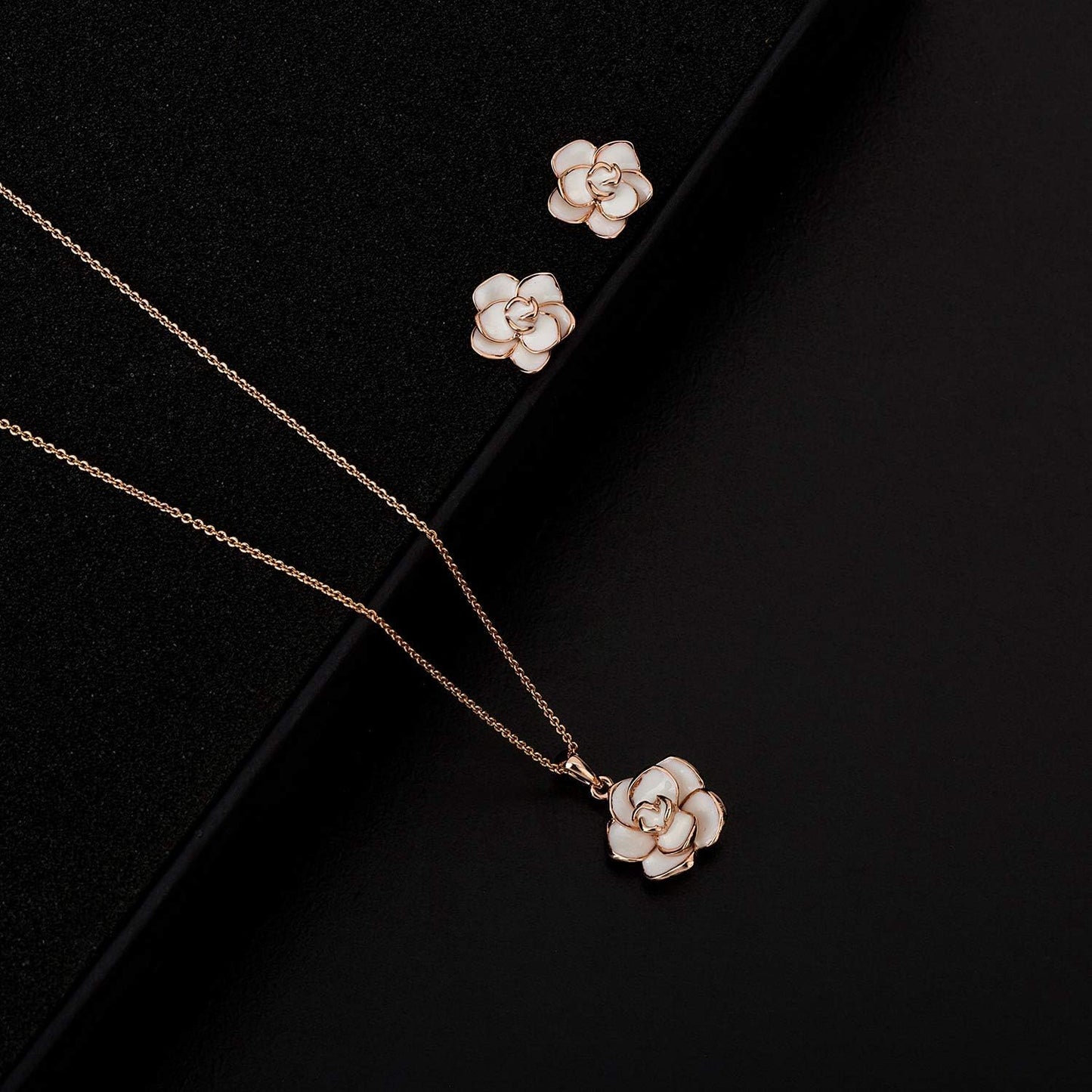 18K Gold Plated Hypoallergenic Rose Flower Necklace Earrings Set 