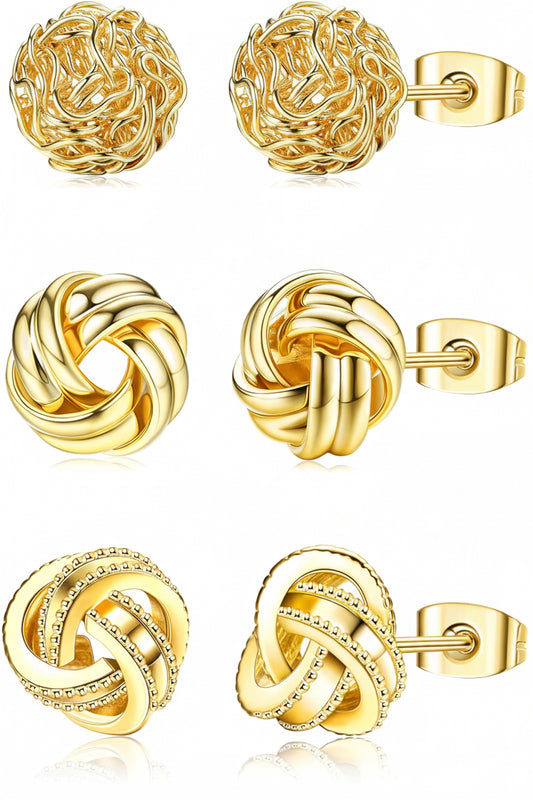 3 Pairs 14K Gold Plated Knot Stud Earrings for Women – Hypoallergenic Woven Ball Earrings Set for Sensitive Ears