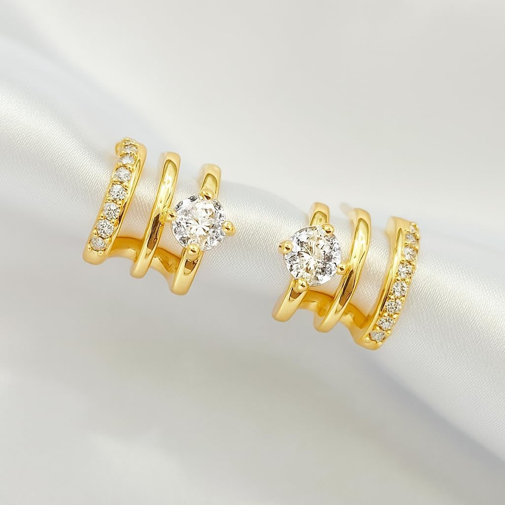 14K Gold Plated Triple Huggie Hoop Earrings for Women – Double Hoop Illusion Stud & Claw Ear Cuff