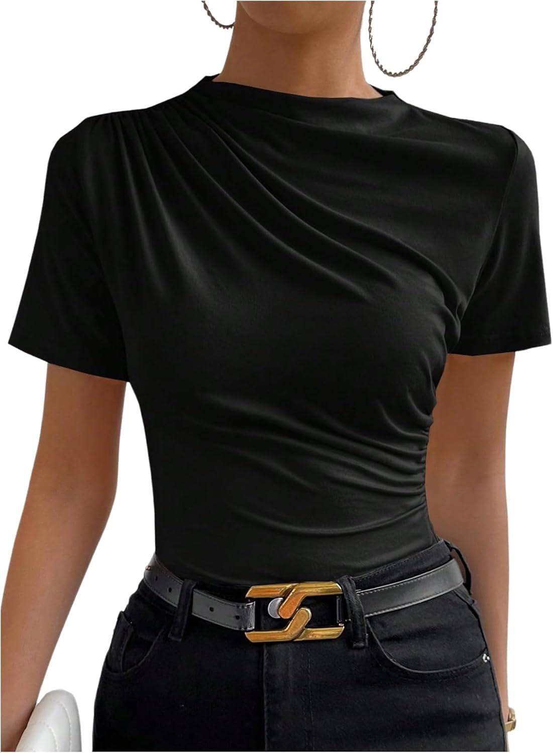 Women’s Ruched Mock Neck Fitted T-Shirt – Short Sleeve Summer Basic Top