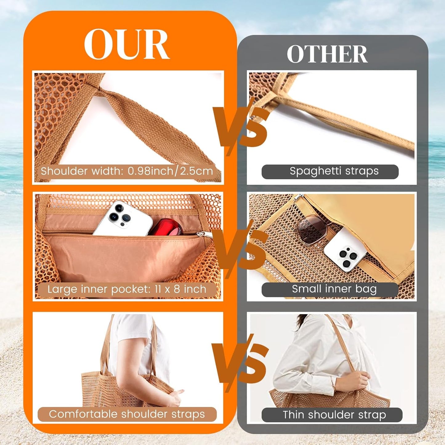 Stylish HOHOM Tan Beach Bag for Women - Versatile Summer Travel Mesh Tote with Large Inner Pocket and Sandproof Design