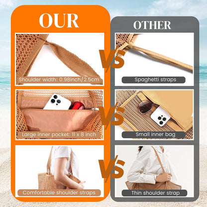 Stylish HOHOM Tan Beach Bag for Women - Versatile Summer Travel Mesh Tote with Large Inner Pocket and Sandproof Design