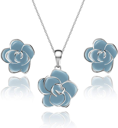 18K Gold Plated Hypoallergenic Rose Flower Necklace Earrings Set 