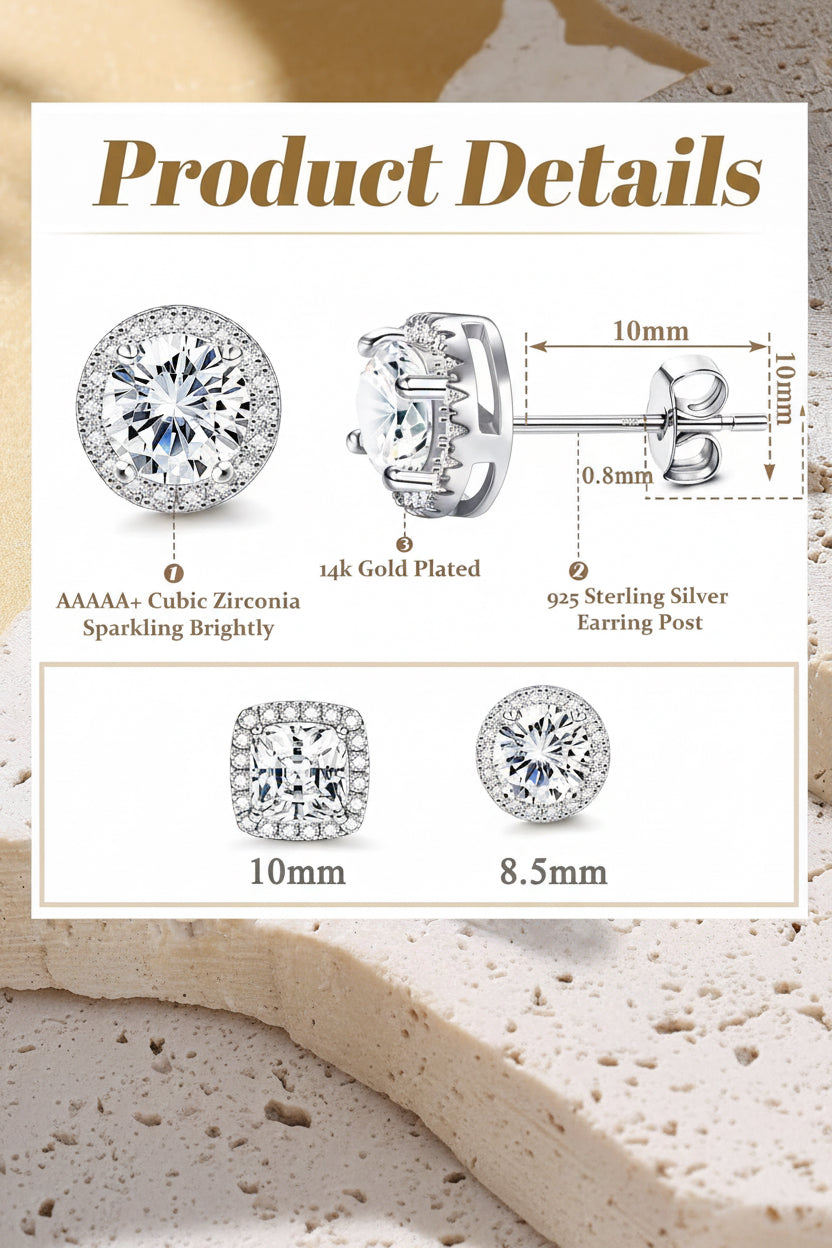 18K Gold Plated Diamond Halo Stud Earring Set 925 Sterling Silver Cubic Zirconia with round Square 