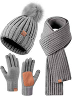 Winter Beanie Hat Scarf Gloves Set for Women - Beanie with Pom Pom Long Scarf Neck Warmer Touchscreen Gloves 3 in 1 Set