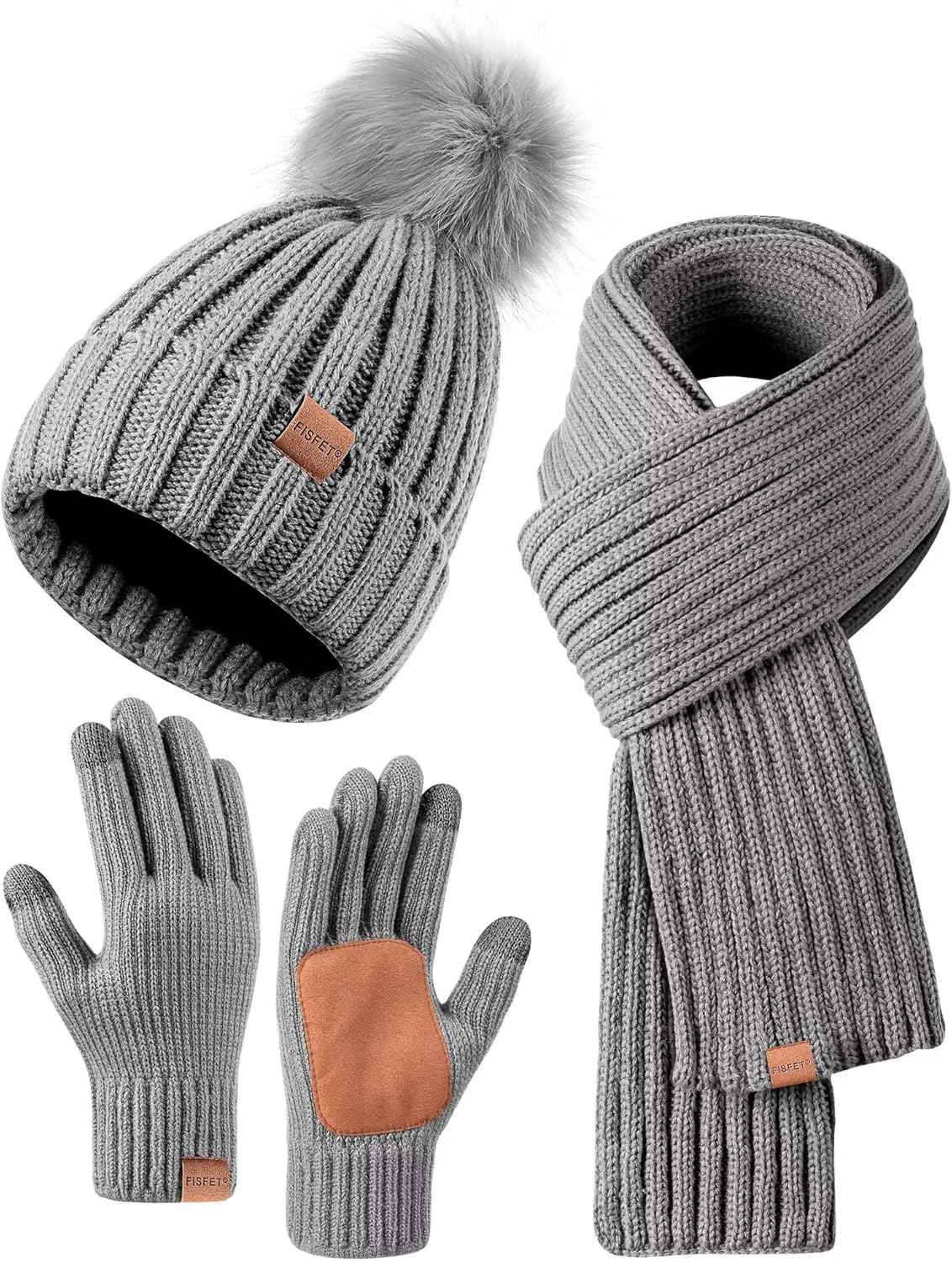 Winter Beanie Hat Scarf Gloves Set for Women - Beanie with Pom Pom Long Scarf Neck Warmer Touchscreen Gloves 3 in 1 Set
