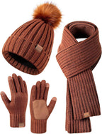 Winter Beanie Hat Scarf Gloves Set for Women - Beanie with Pom Pom Long Scarf Neck Warmer Touchscreen Gloves 3 in 1 Set