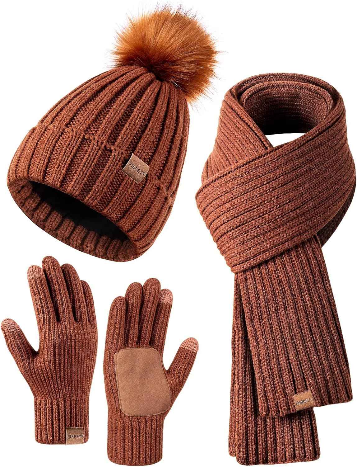 Winter Beanie Hat Scarf Gloves Set for Women - Beanie with Pom Pom Long Scarf Neck Warmer Touchscreen Gloves 3 in 1 Set