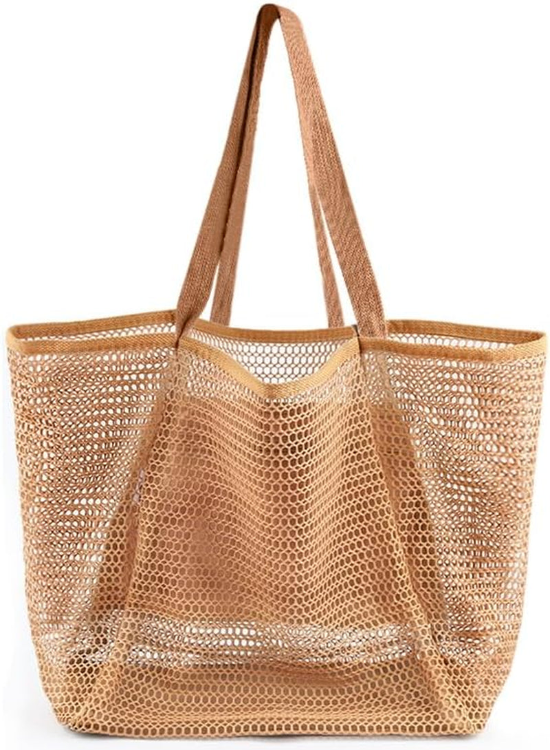 Stylish HOHOM Tan Beach Bag for Women - Versatile Summer Travel Mesh Tote with Large Inner Pocket and Sandproof Design