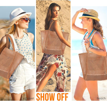 Stylish HOHOM Tan Beach Bag for Women - Versatile Summer Travel Mesh Tote with Large Inner Pocket and Sandproof Design