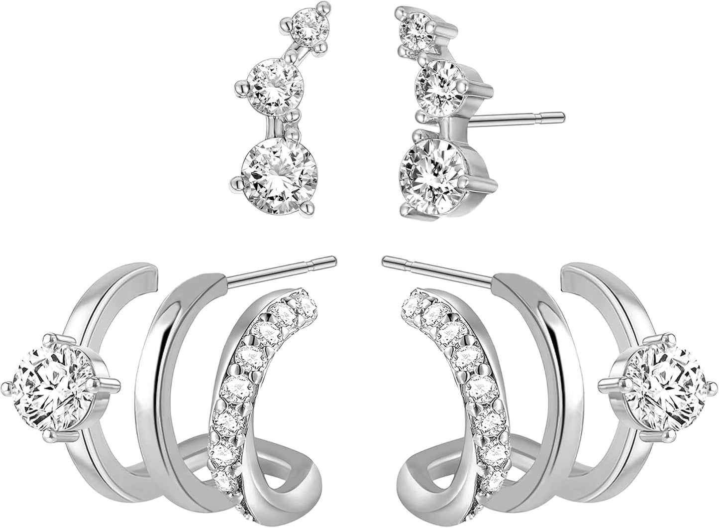 14K Gold Plated Triple Huggie Hoop Earrings for Women – Double Hoop Illusion Stud & Claw Ear Cuff