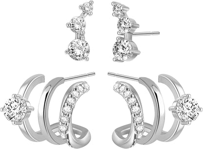 14K Gold Plated Triple Huggie Hoop Earrings for Women – Double Hoop Illusion Stud & Claw Ear Cuff