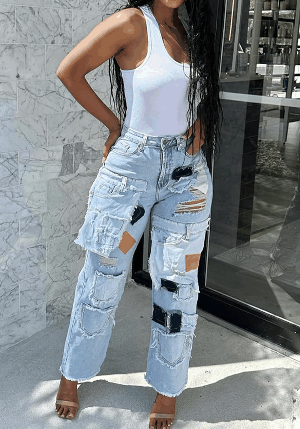 High-Waisted Wide Leg Patchwork Jeans with Distressed Details