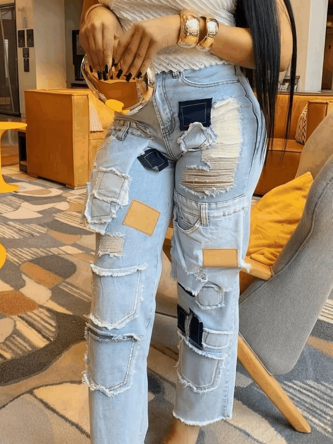 High-Waisted Wide Leg Patchwork Jeans with Distressed Details
