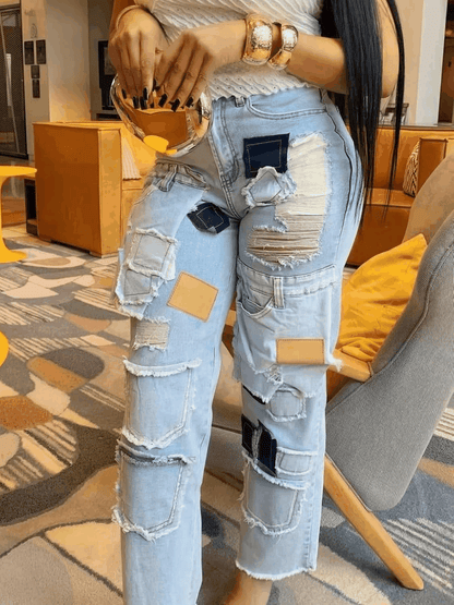 High-Waisted Wide Leg Patchwork Jeans with Distressed Details