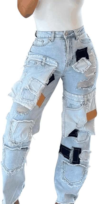 High-Waisted Wide Leg Patchwork Jeans with Distressed Details