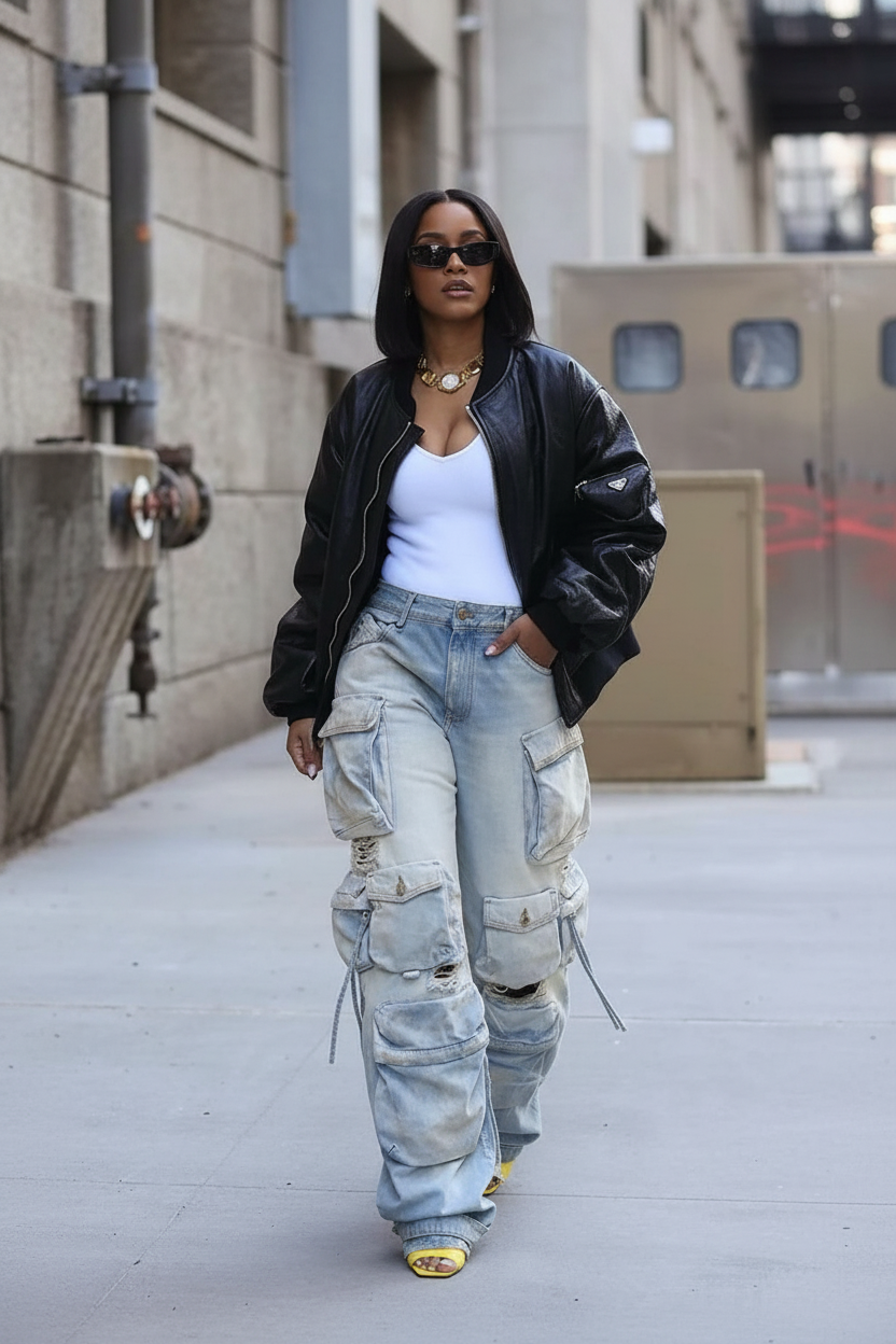 Person wearing a black jacket, white top, and light blue cargo pants on a city street.