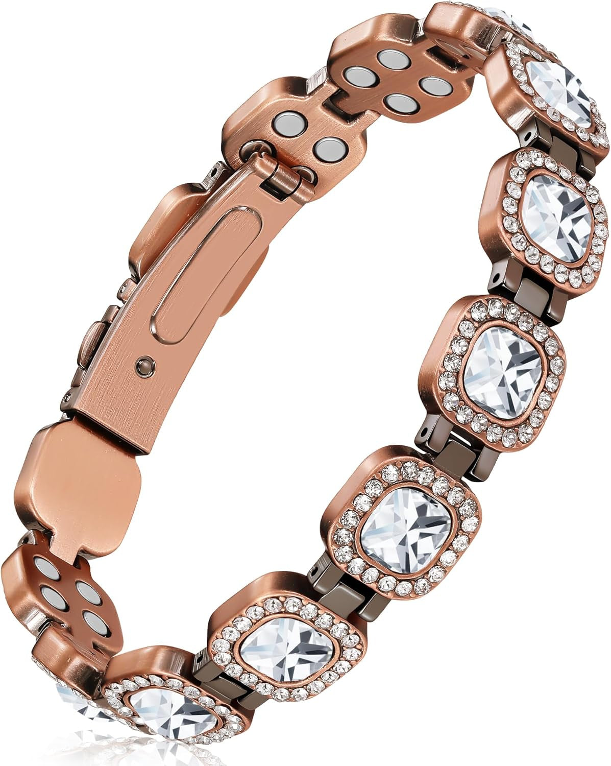 Feraco Pure Copper Bracelets for Women, 4X Ultra Strength Magnetic Bracelet with 3800 Gauss Neodymium Magnets & Dazzling Austrian Cut Crystals Stone, Adjustable Jewelry Gift