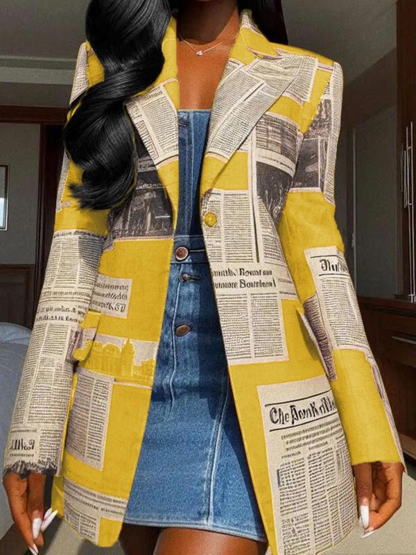 Women's All over Newspaper Print Button Front Blazer