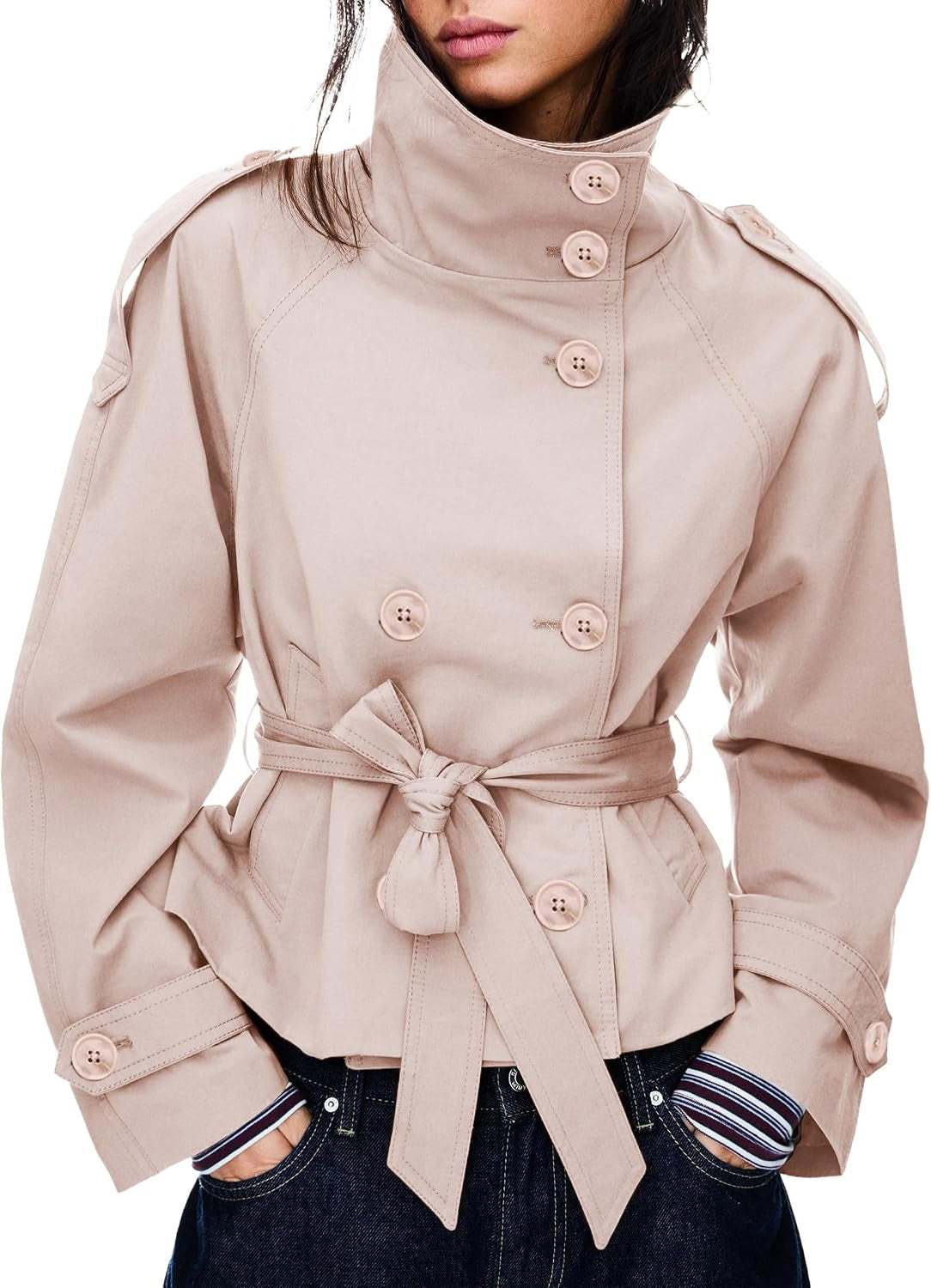 Double-Breasted Cropped Trench Coat with Removable Belt