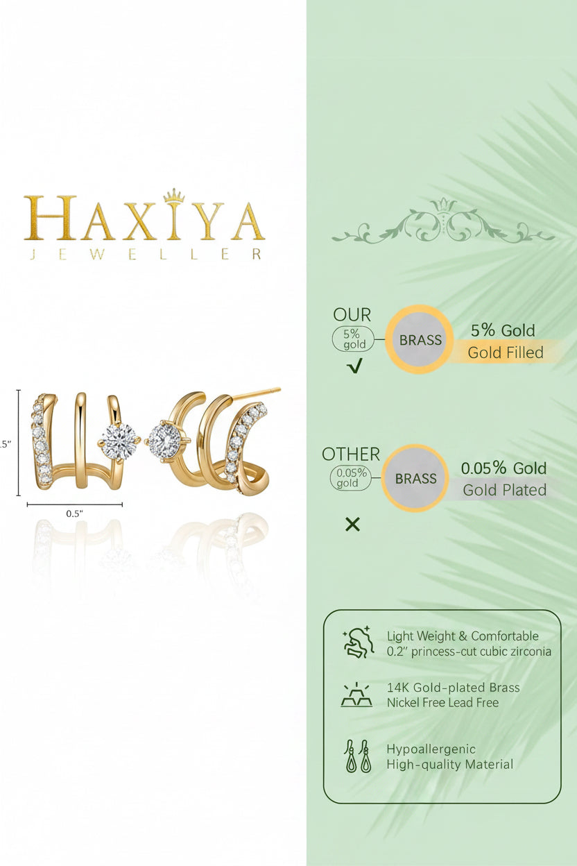 14K Gold Plated Triple Huggie Hoop Earrings for Women – Double Hoop Illusion Stud & Claw Ear Cuff