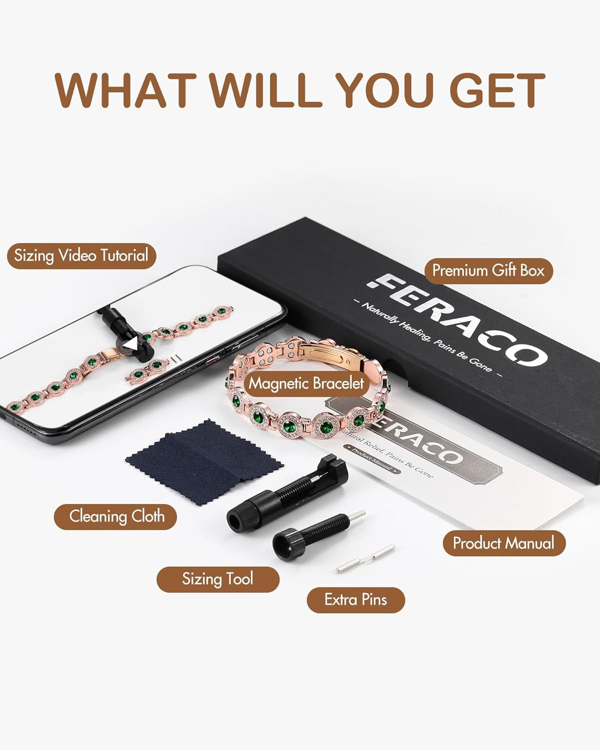 Feraco Pure Copper Bracelets for Women, 4X Ultra Strength Magnetic Bracelet with 3800 Gauss Neodymium Magnets & Dazzling Austrian Cut Crystals Stone, Adjustable Jewelry Gift