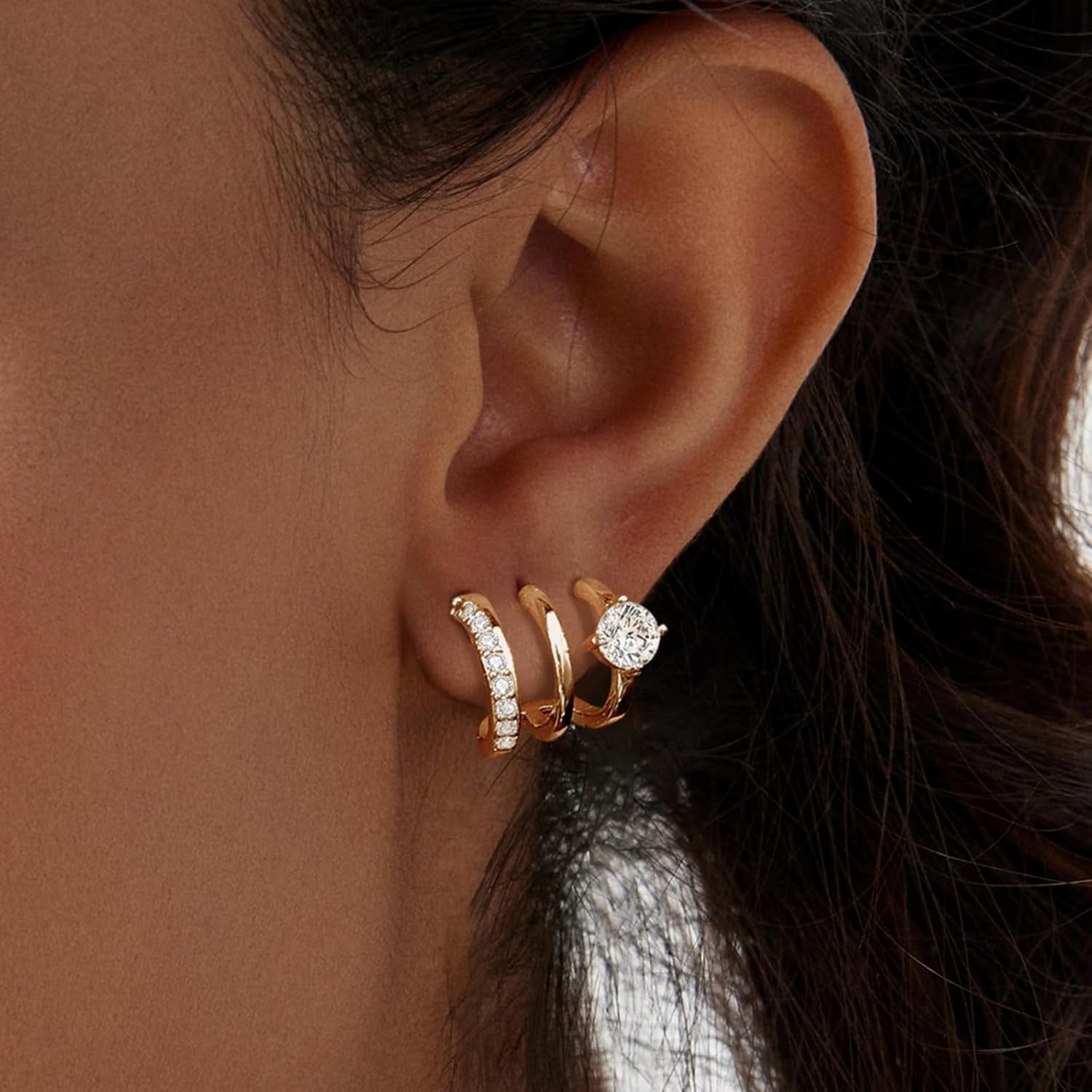 14K Gold Plated Triple Huggie Hoop Earrings for Women – Double Hoop Illusion Stud & Claw Ear Cuff