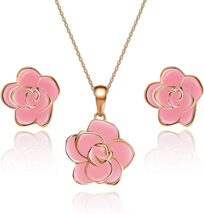 18K Gold Plated Hypoallergenic Rose Flower Necklace Earrings Set 
