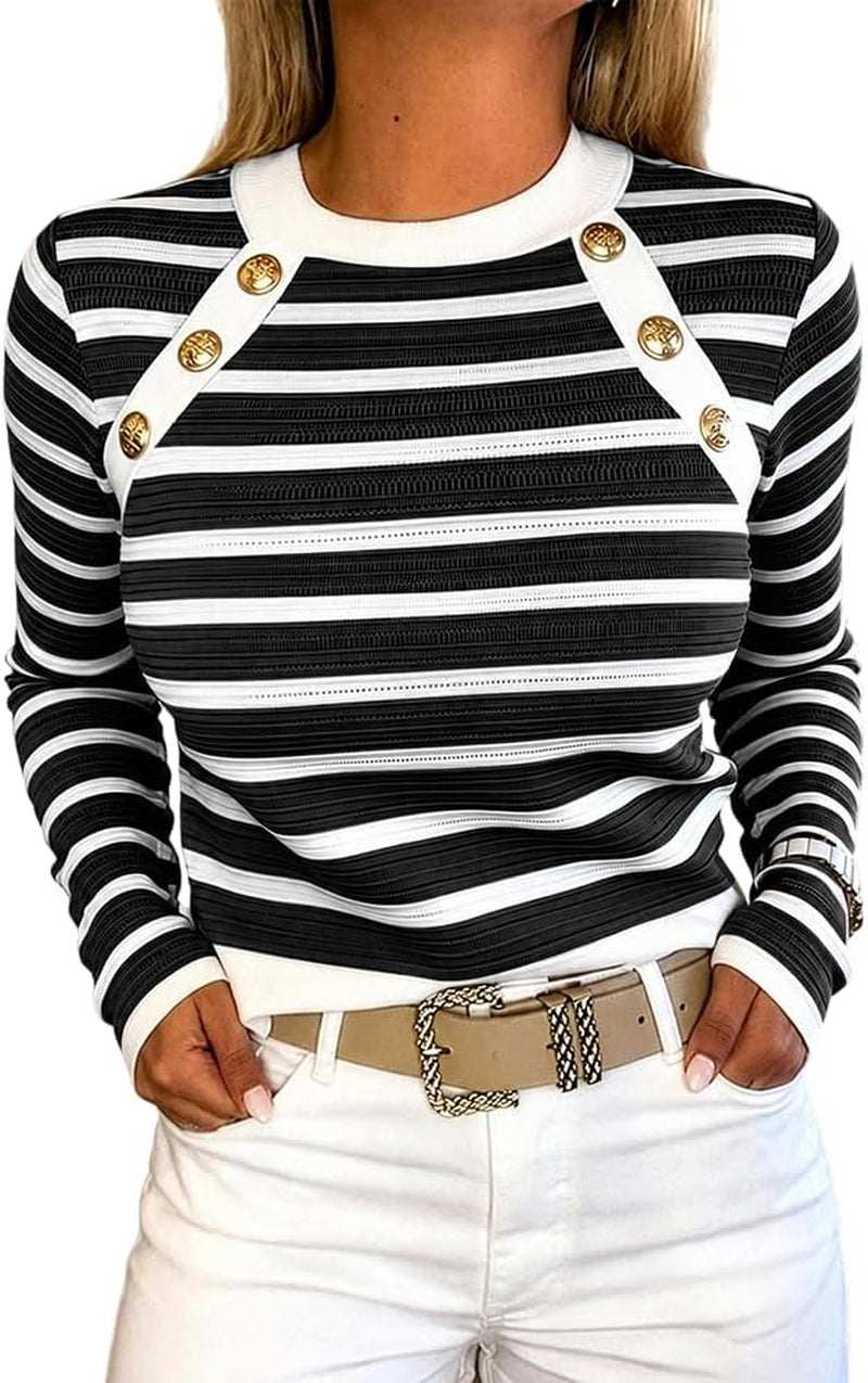 French Stripe Crewneck Knit Sweater with Gold Button Accents
