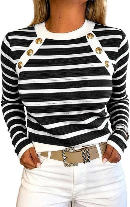 French Stripe Crewneck Knit Sweater with Gold Button Accents
