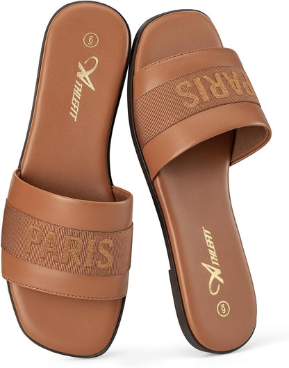 Chic and Comfortable Women's Slip-On Flat Dressy Slides in Brown