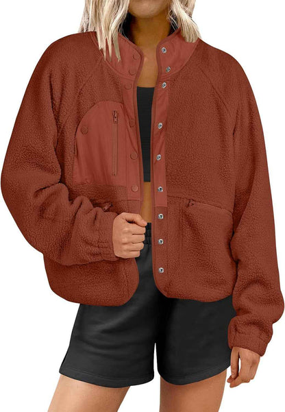 Womens Fuzzy Fleece Cropped Sherpa Button down Jacket
