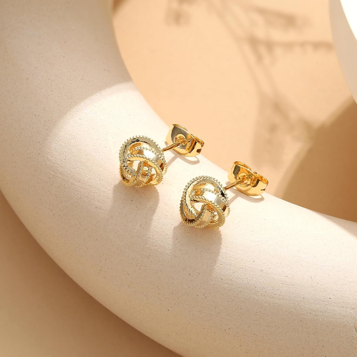 3 Pairs 14K Gold Plated Knot Stud Earrings for Women – Hypoallergenic Woven Ball Earrings Set for Sensitive Ears