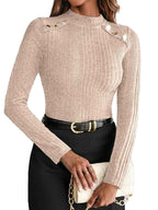 Women's Plain Button Decor Mock Neck Tee - Cyndora