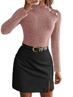 Women's Plain Button Decor Mock Neck Tee - Cyndora