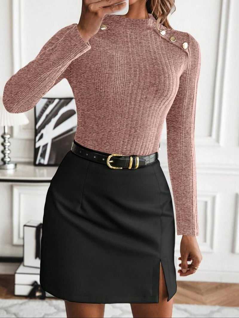 Women's Plain Button Decor Mock Neck Tee
