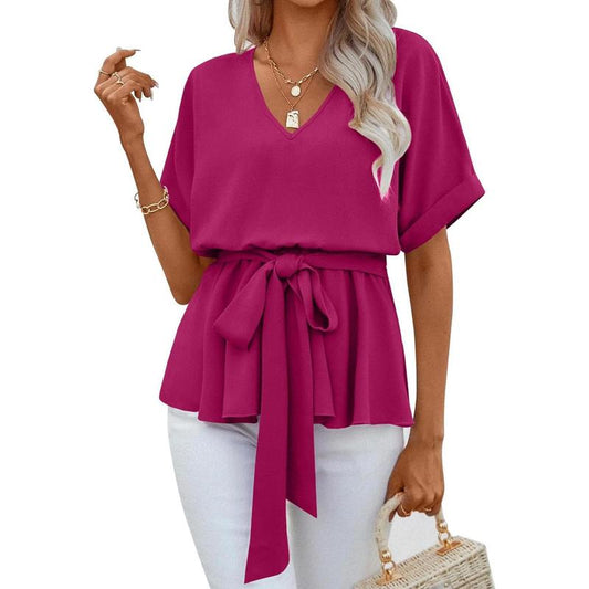 Women's V Neck Short Sleeve Belted Blouse