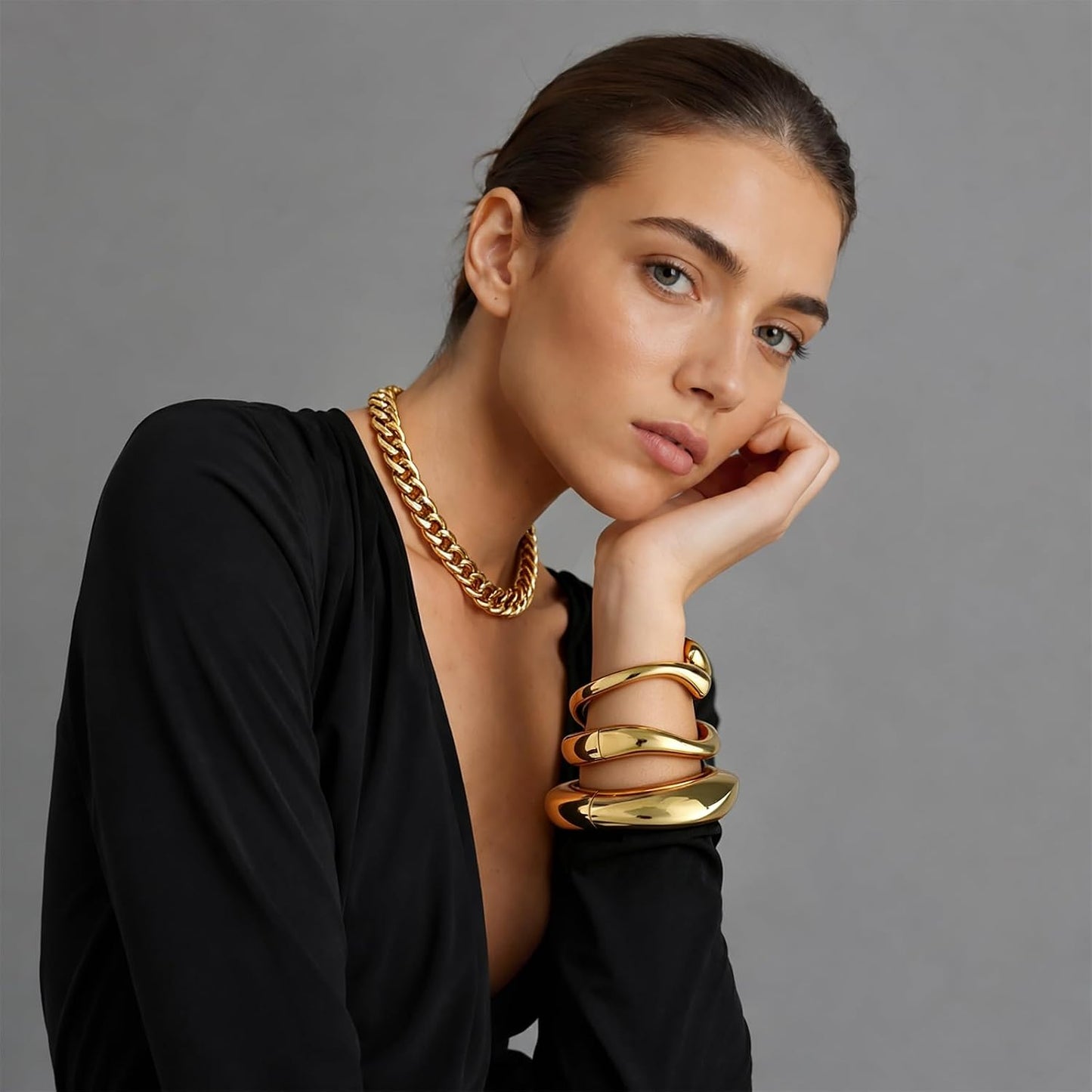 14K Gold Plated Chunky Bangle Bracelet Set