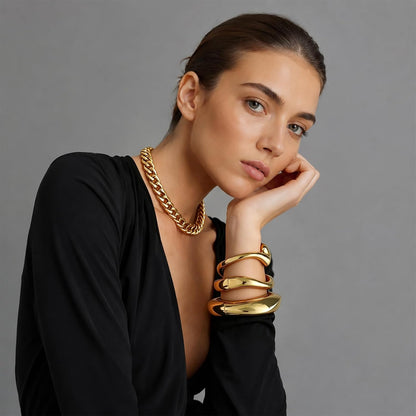 14K Gold Plated Chunky Bangle Bracelet Set
