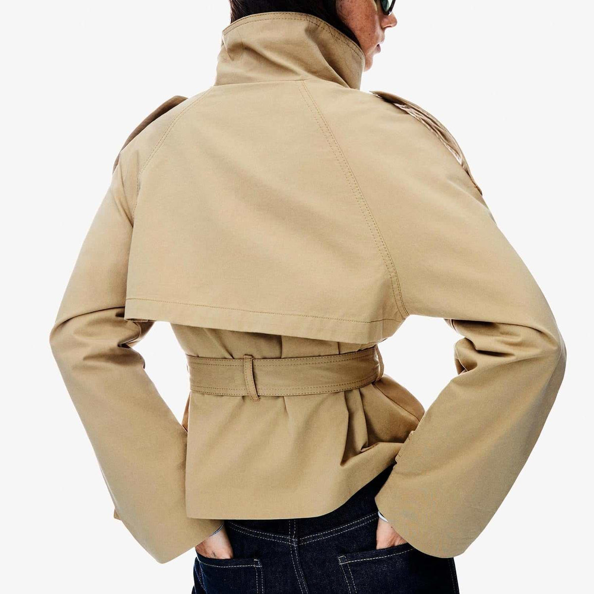 Double-Breasted Cropped Trench Coat with Removable Belt