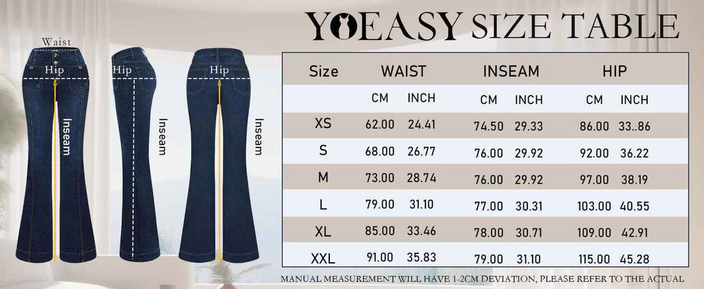 Women's Flare Bell Bottom High Waist Jeans - Vintage Stretch Bootcut Denim Trouser with Pocket