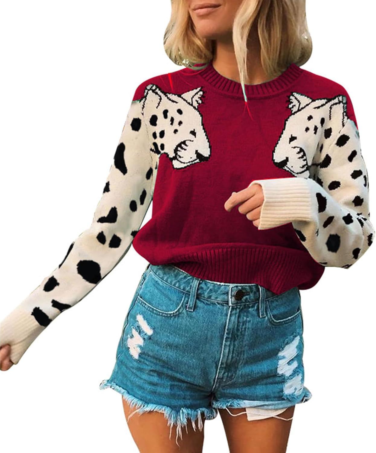 Women's Knitted Leopard Printed Patchwork Long Sleeve Cropped Sweater