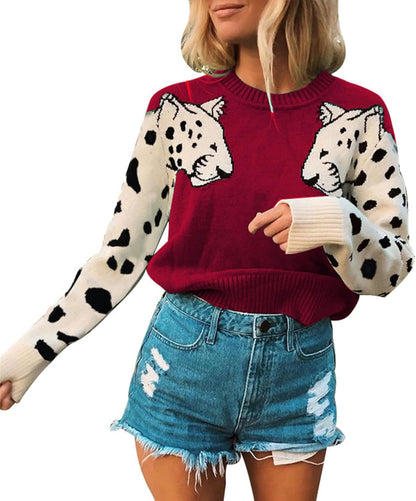 Women's Knitted Leopard Printed Patchwork Long Sleeve Cropped Sweater