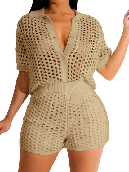 Women’s 2 Piece Knit Short Set – Color Block Button Down Shirt & Shorts Outfit