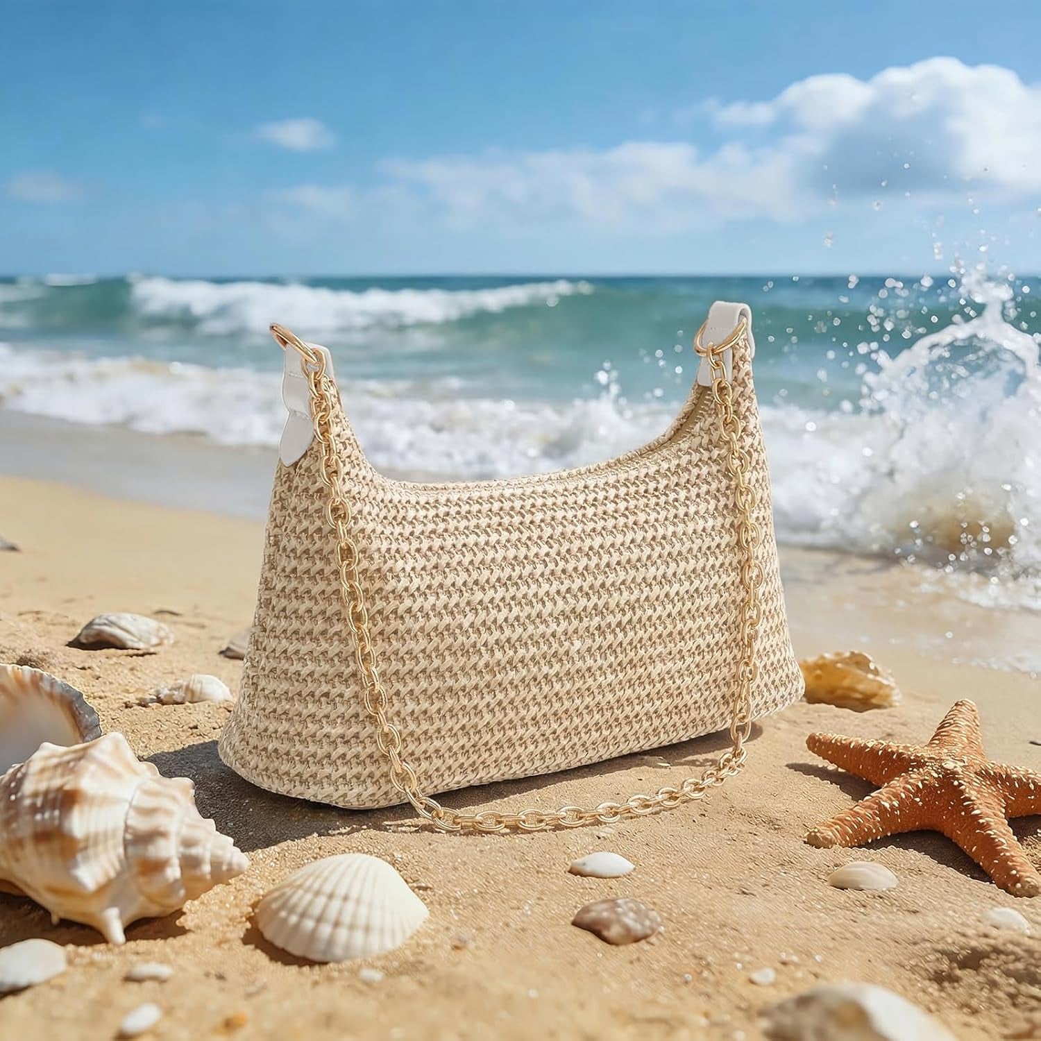 Stylish Crochet Straw Boho Shoulder Beach Bag for Effortless Summer Vibes